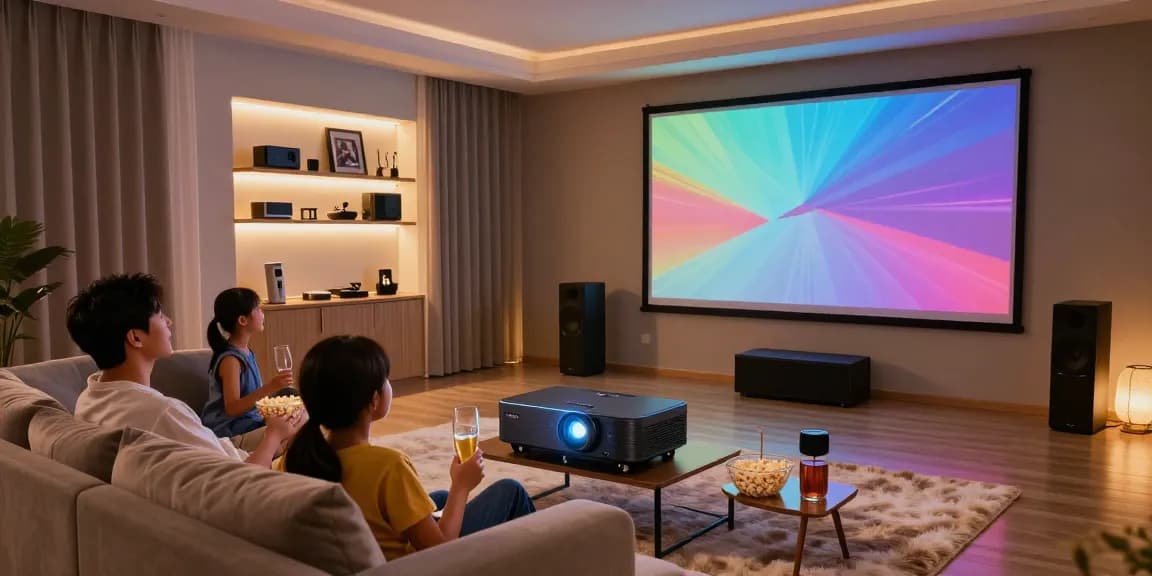 Best projector 2026 displayed in a modern home theater, family enjoying a movie night together.