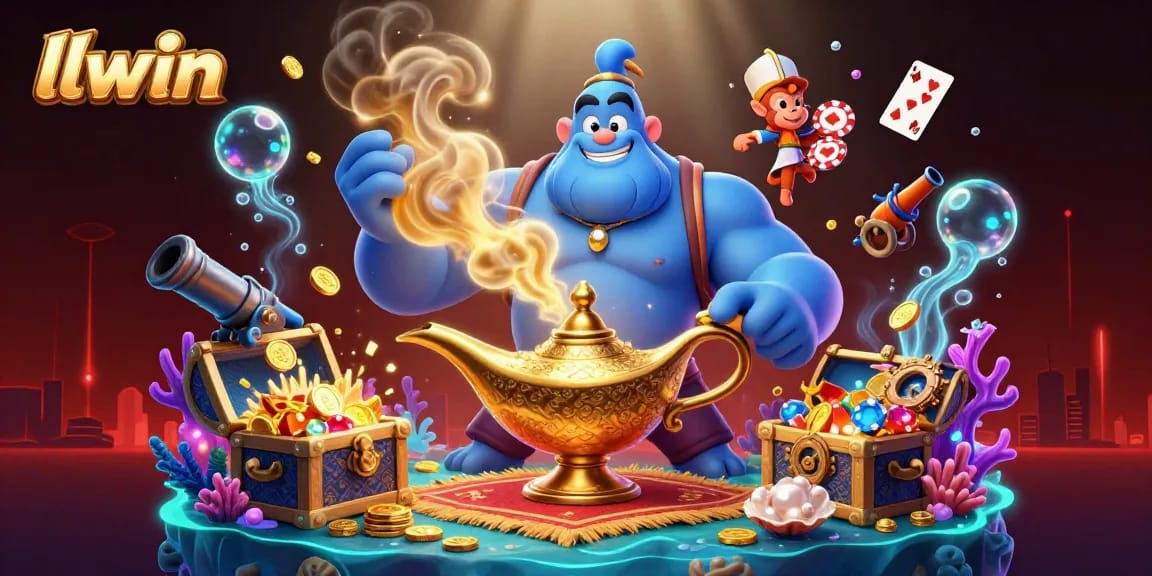 Win big with llwin in vibrant underwater casino adventure featuring genie, poker chips, and treasures.