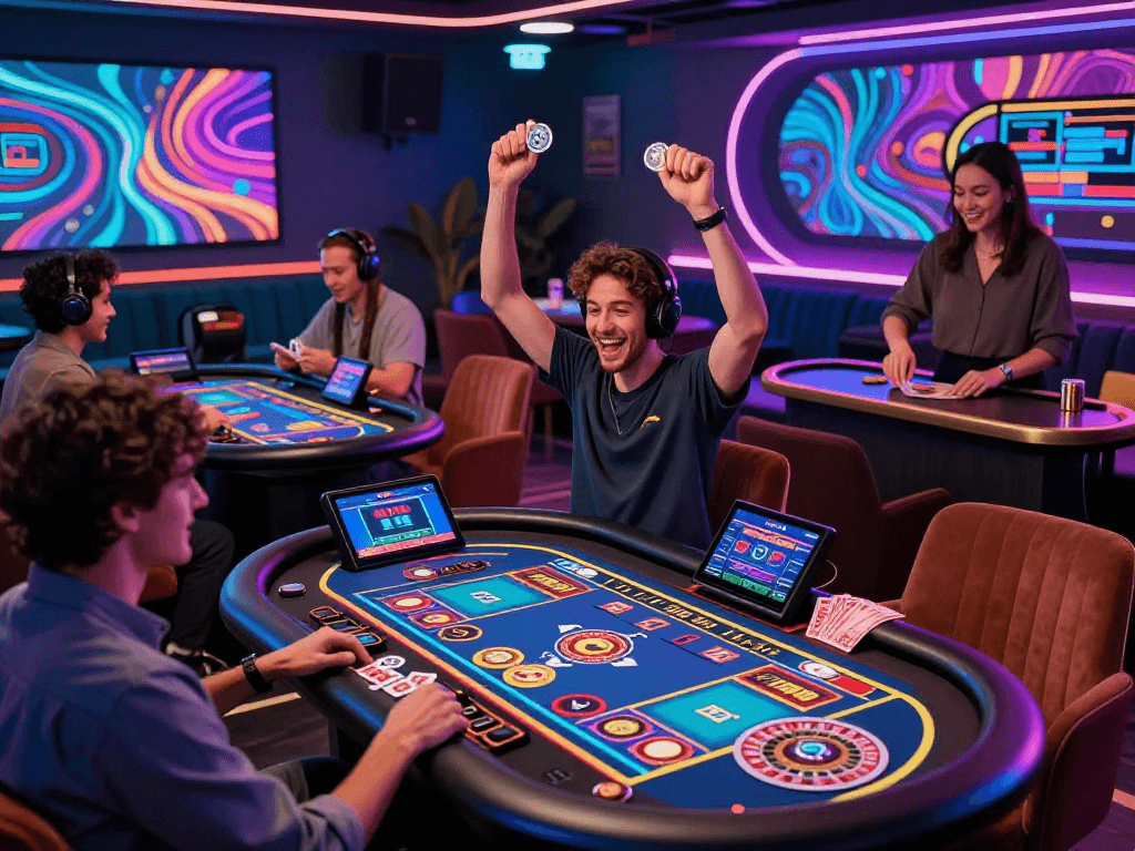 Exciting crypto casino scene showing players celebrating wins and engaging with digital gaming.