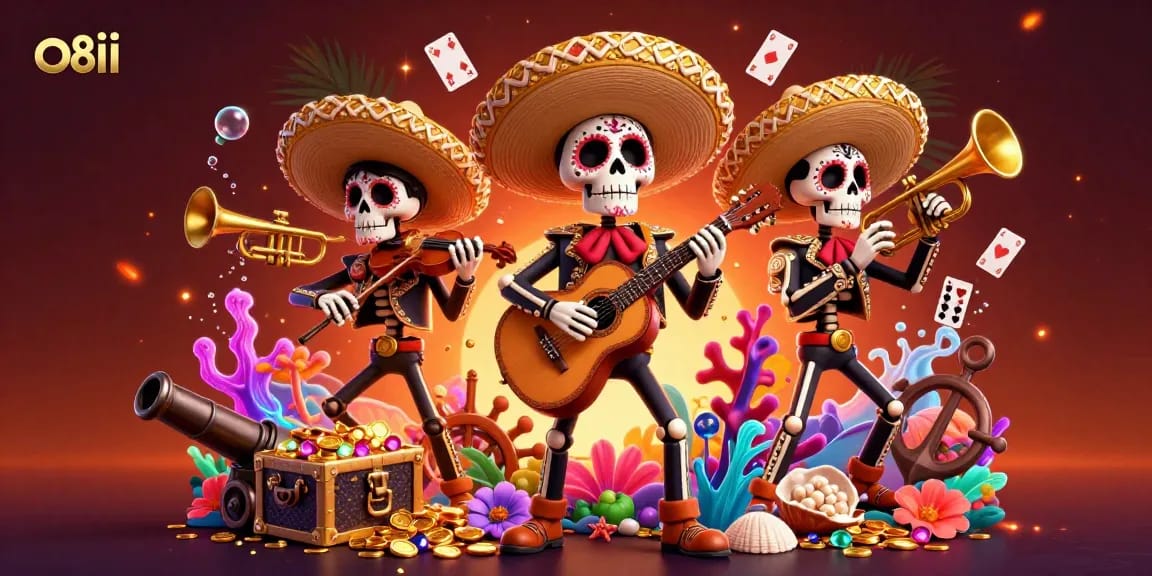 Engage with the thrilling world of o8ii casino, featuring a vibrant mariachi band amidst treasure chests and dynamic game elements.
