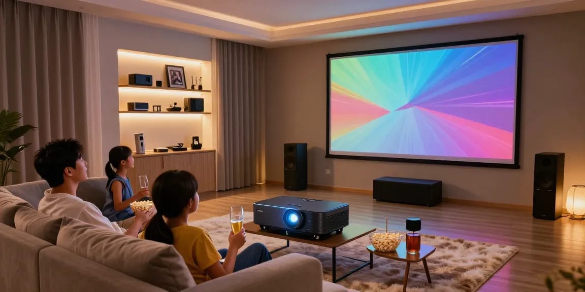Best projector 2026 displayed in a modern home theater, family enjoying a movie night together.