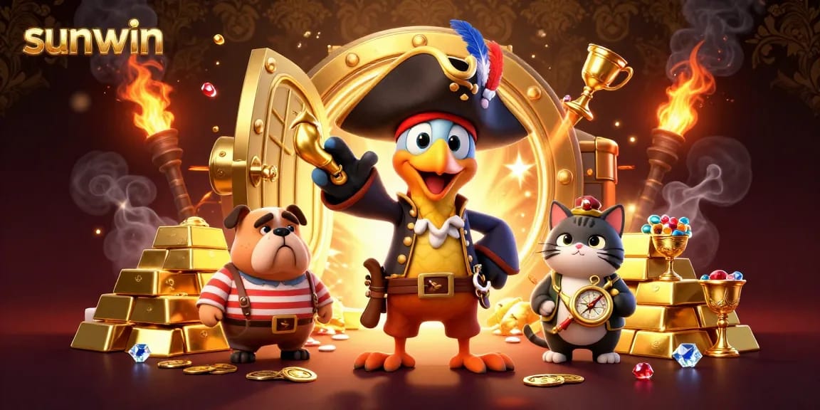 Win big with sunwin in a vibrant casino scene featuring a pirate captain and treasure galore.