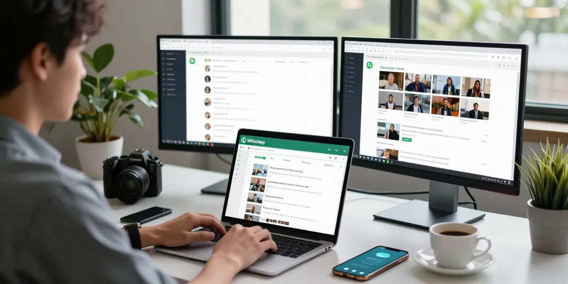 Engaged user accessing WhatsApp網頁版 on laptop in a modern workspace.