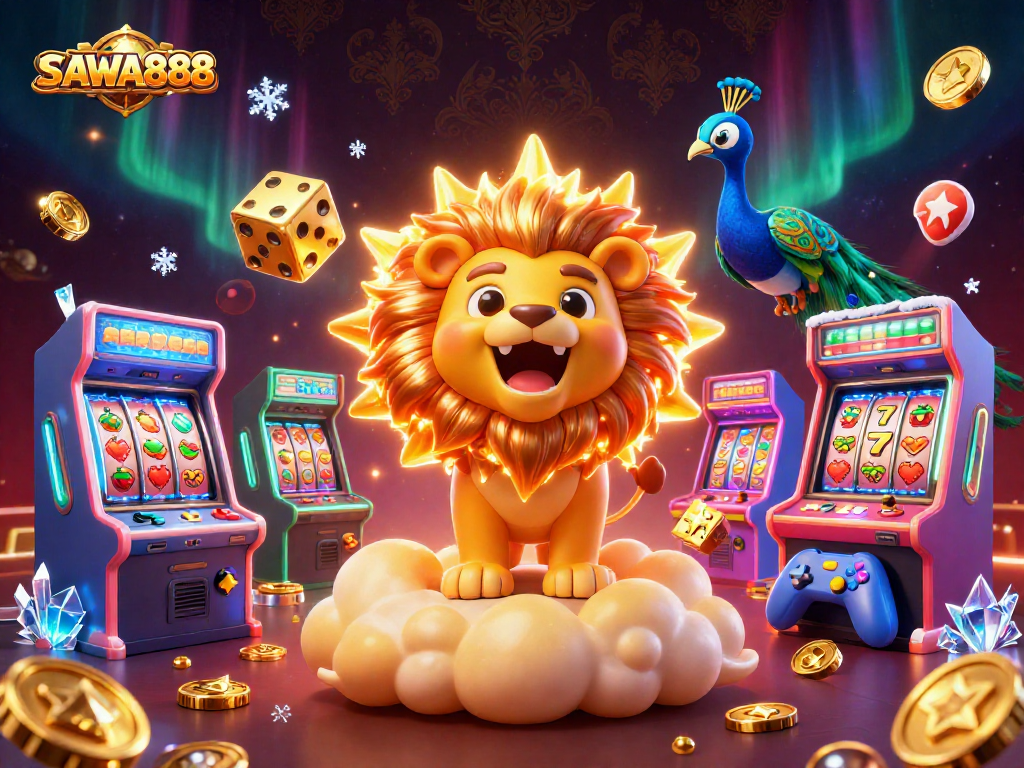 Join the thrilling games at SAWA888, featuring vibrant casino elements, slot reels, and an energetic 3D scene.