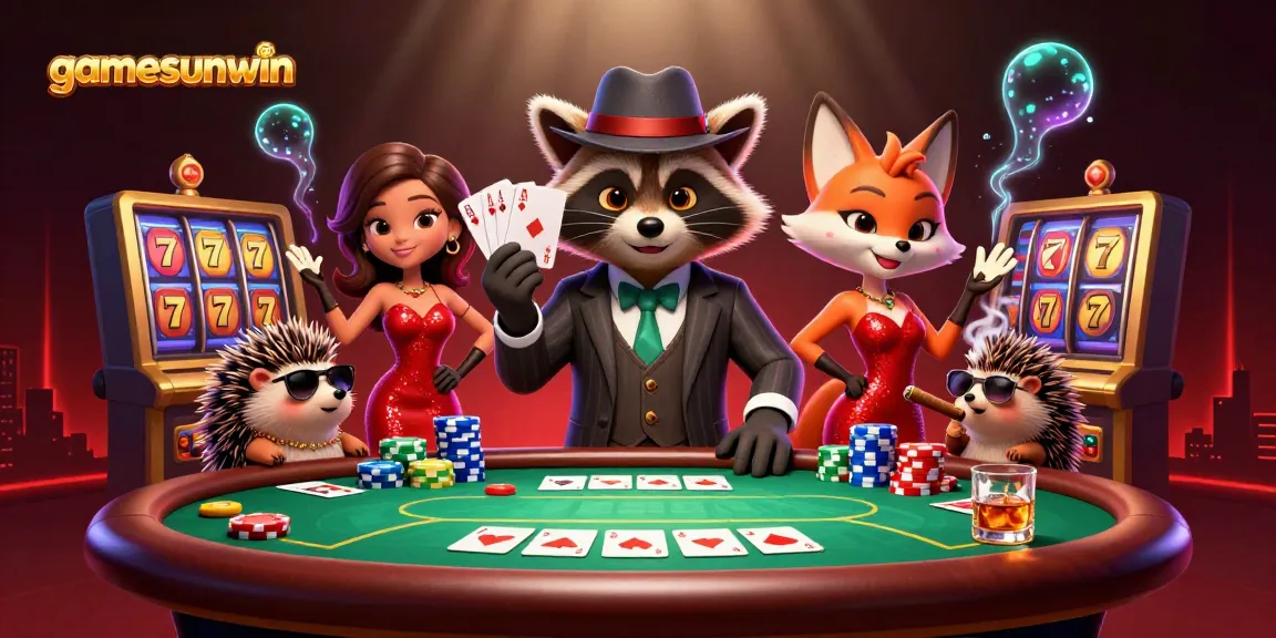 Win big at gamesunwin with a charming casino scene featuring characters and gaming elements.