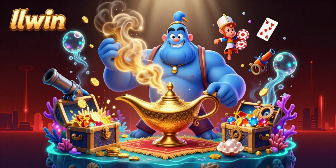 Win big with llwin in vibrant underwater casino adventure featuring genie, poker chips, and treasures.