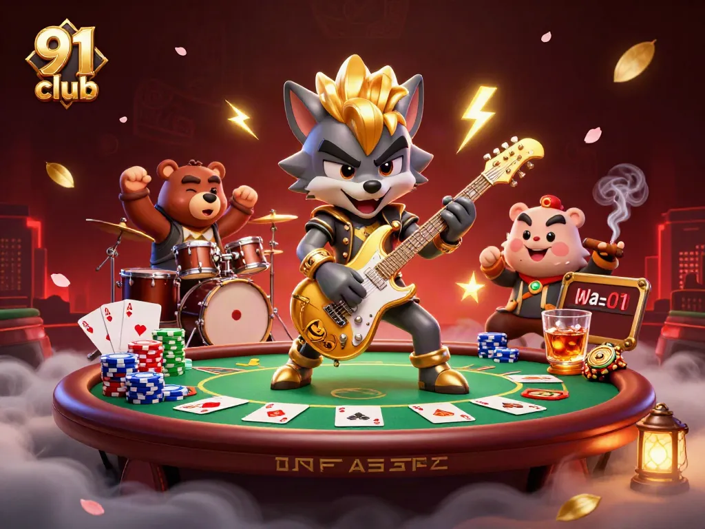 Engage with the 91 club gaming excitement featuring rock star characters on a vibrant casino stage.
