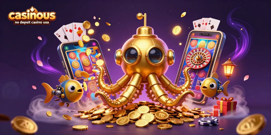 Experience the excitement of casinous no deposit casino usa with a 3D kraken submarine amidst vibrant gaming elements.