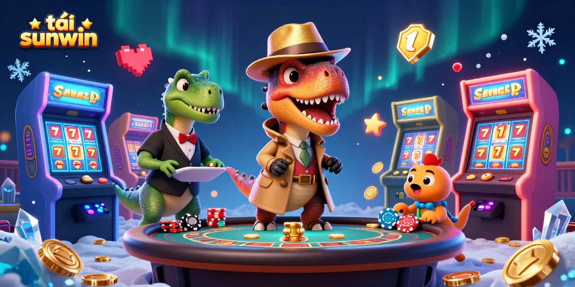 Enhance your tải sunwin experience with a lively casino scene featuring a velociraptor in disguise, video game elements, and colorful glimmers.