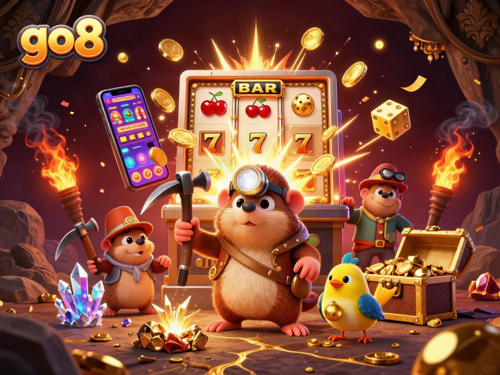 Join the excitement at go8's vibrant casino scene with a treasure hunting mole and jackpot symbols.