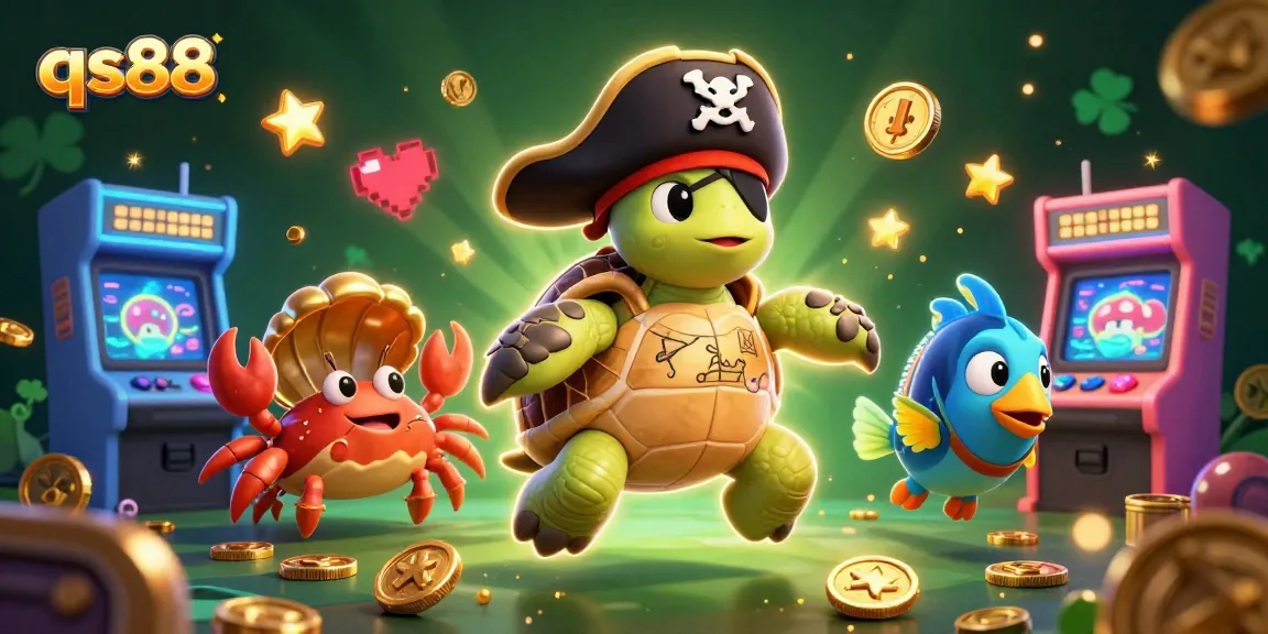 Engage in thrilling qs88 action with a pirate turtle, crab, and fish amidst vibrant gaming treasures.