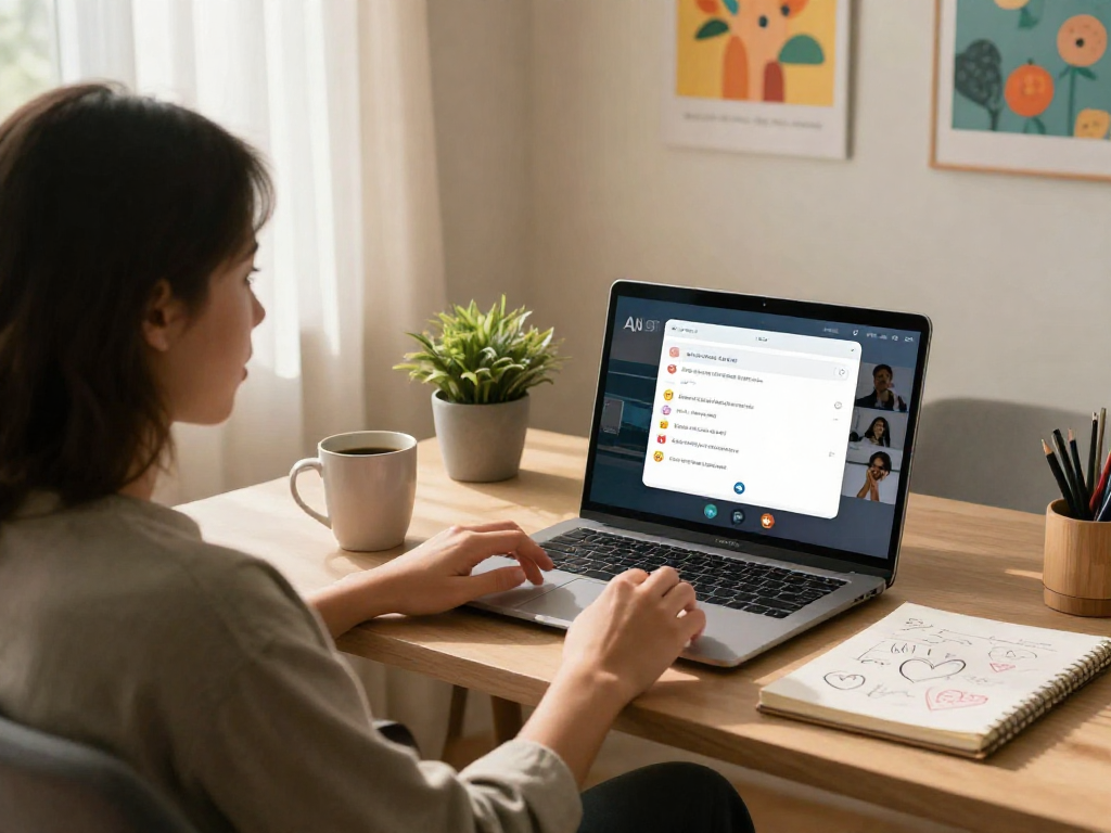 Person engaging in sex chat AI conversation in a cozy home office.