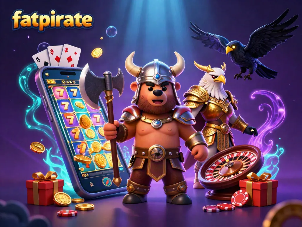 Experience fun at fatpirate, featuring a Viking bear and Valkyrie eagle in a thrilling slots scene.