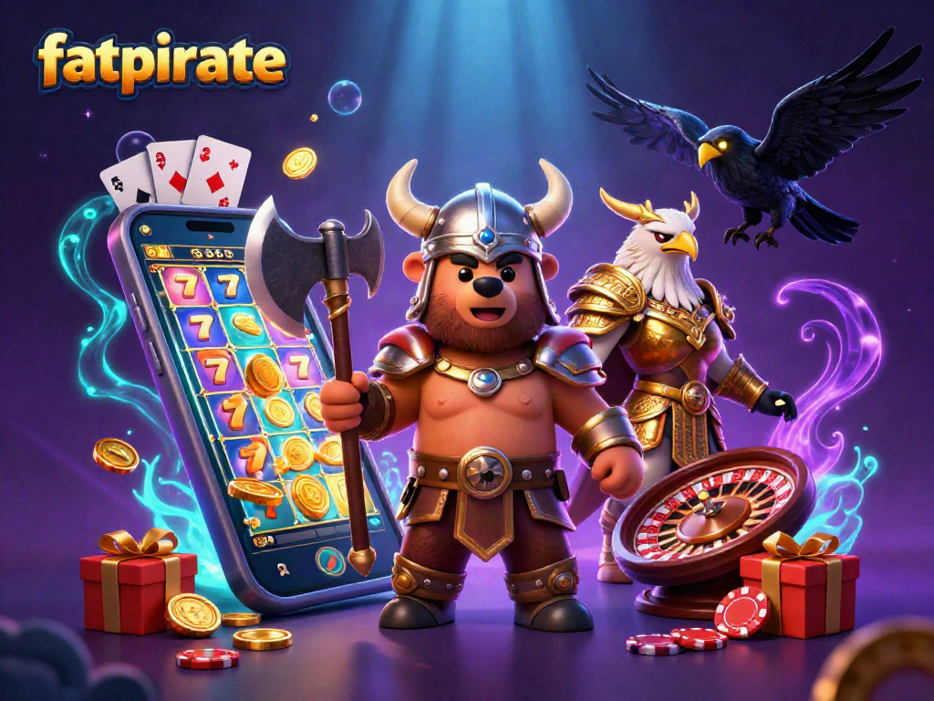 Experience fun at fatpirate, featuring a Viking bear and Valkyrie eagle in a thrilling slots scene.