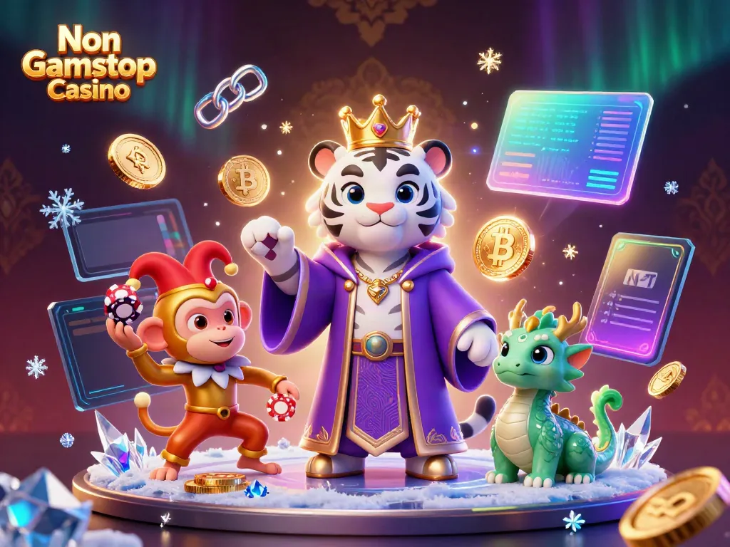 Engage with Non Gamstop Casino's vibrant 3D scene showcasing a royal tiger, a jester monkey, and magic.