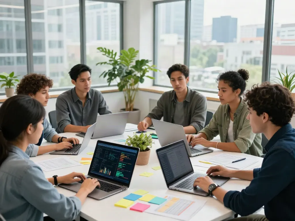 Team brainstorming session focusing on innovative strategies and ideas in a modern office environment, they said collaboration boosts creativity.