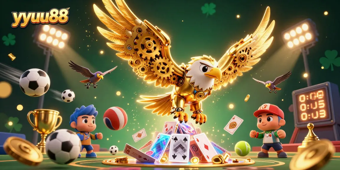 yyuu88 captures thrilling gameplay with a dynamic golden eagle amid holographic cards and sports elements.