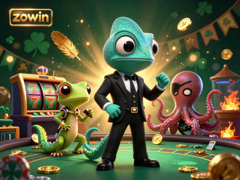 Engage with zowin's thrilling casino experience through colorful characters and interactive game elements.