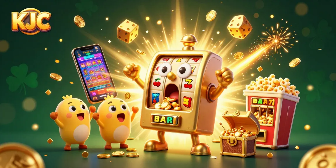 KJC slot machine celebrates a jackpot with cheering mini machines, capturing casino excitement and winning moments.