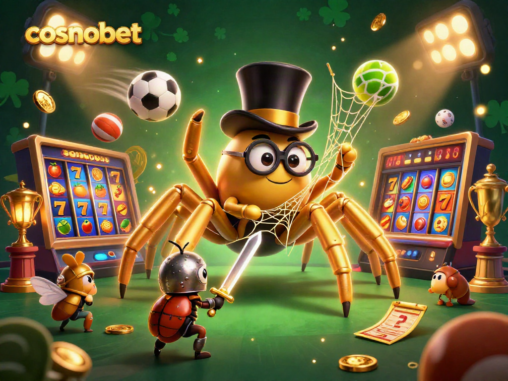 Engage with the vibrant cosmobet scene, showcasing a golden tarantula amidst slot reels and rich gaming elements.