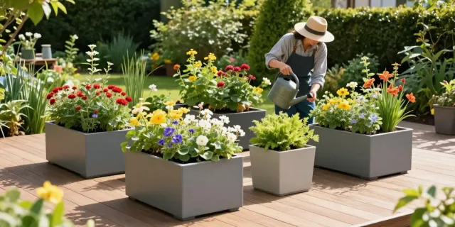 Discover idealistplanters.co.uk/catalogue/outdoor_planters/square/ showcasing beautiful square planters in a serene garden.