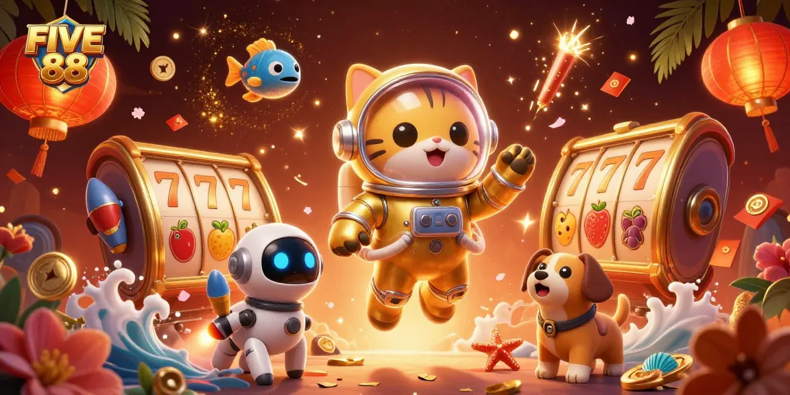Experience the excitement of FIVE 88 slots with a vibrant, dynamic 3D illustration.