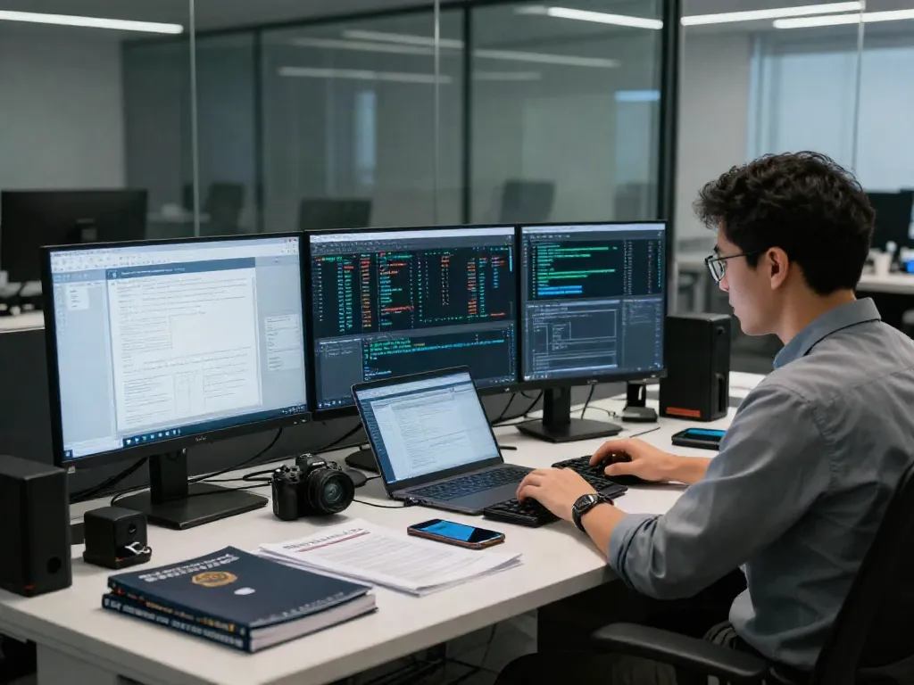 Digital forensic investigation setup with analyst analyzing electronic evidence data on multiple monitors in a modern workspace.