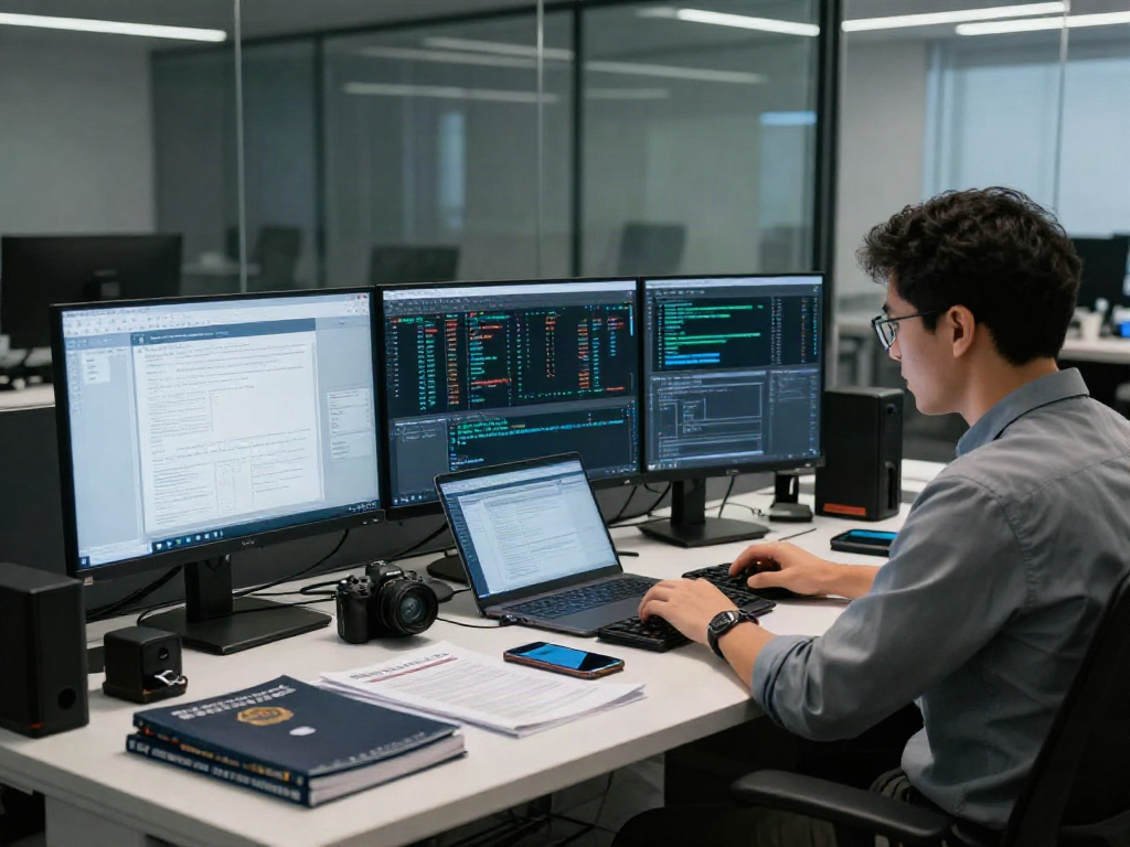 Digital forensic investigation setup with analyst analyzing electronic evidence data on multiple monitors in a modern workspace.