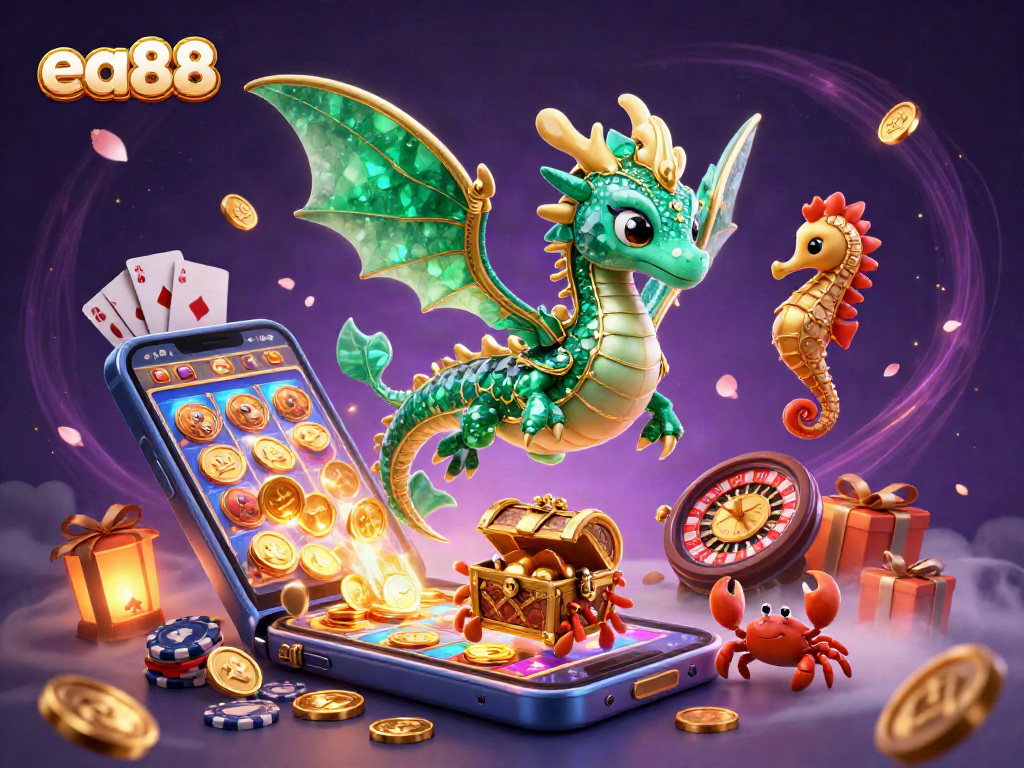 Spin the reels with ea88 as a lush sea dragon guards a treasure chest amidst vibrant casino elements.