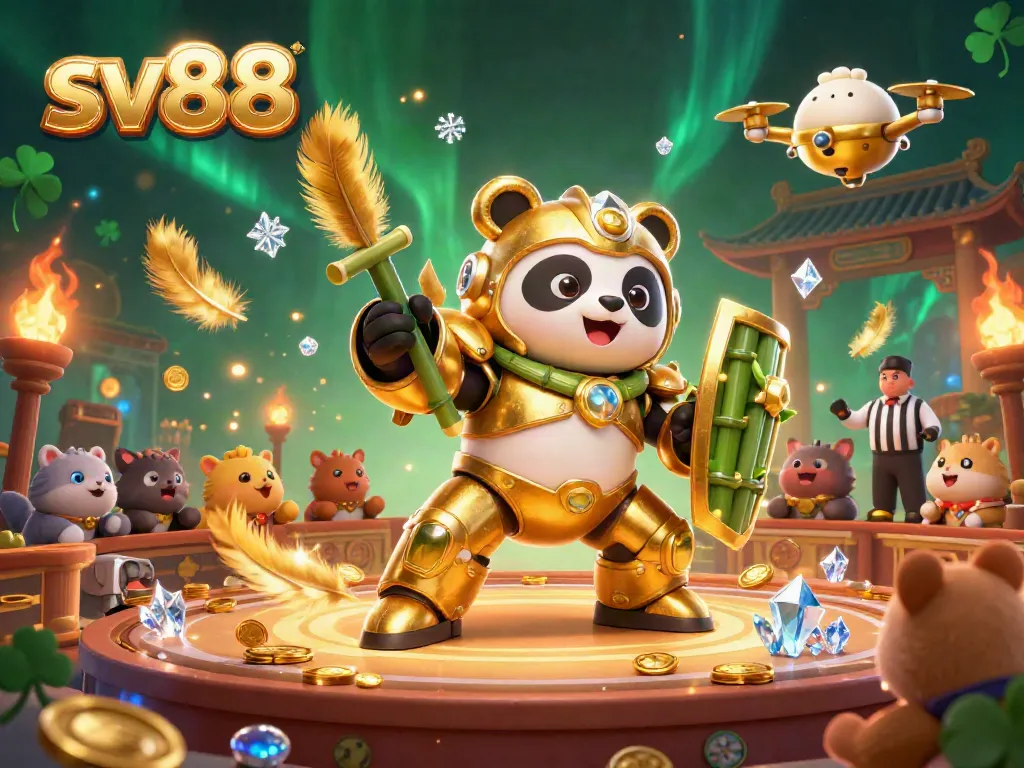 Experience thrilling gameplay at sv88 with a mech-suit golden panda in a vibrant casino arena.