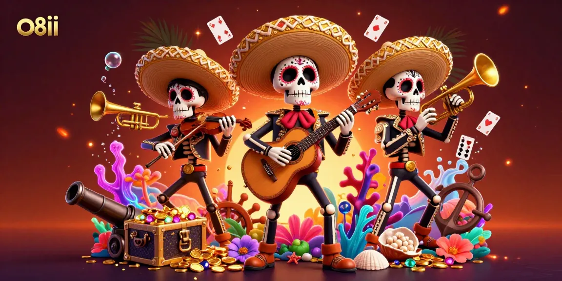 Engage with the thrilling world of o8ii casino, featuring a vibrant mariachi band amidst treasure chests and dynamic game elements.