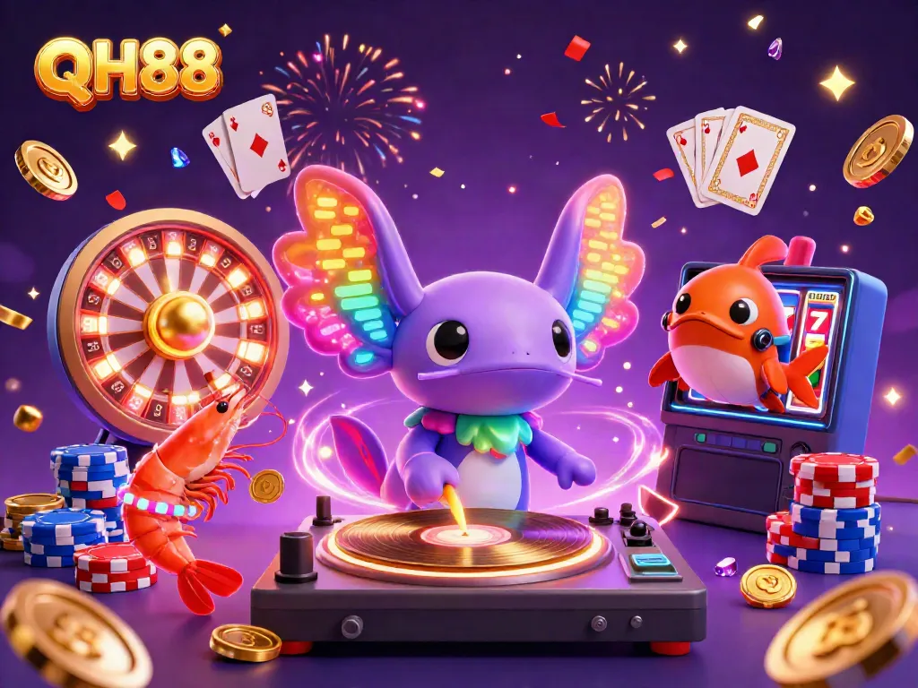 Join the fun at QH88 with a colorful axolotl DJ and dancing characters amid casino games.