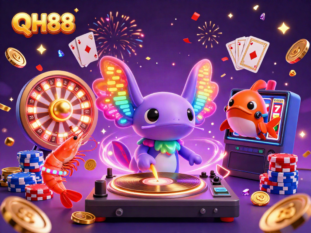 Join the fun at QH88 with a colorful axolotl DJ and dancing characters amid casino games.
