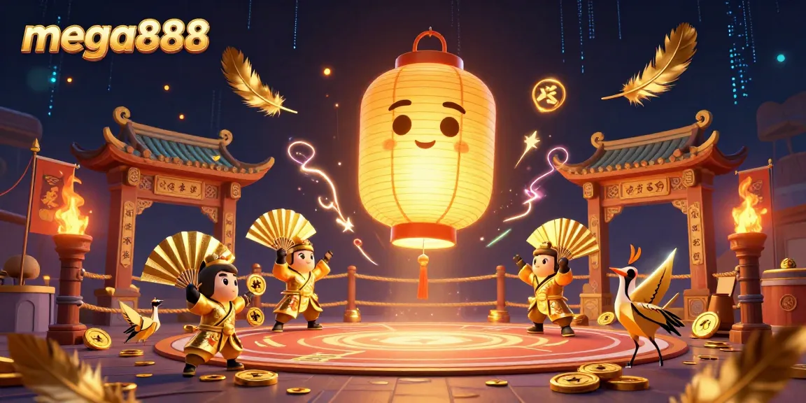 Engage with mega888 slots surrounded by golden lanterns and vibrant casino elements.