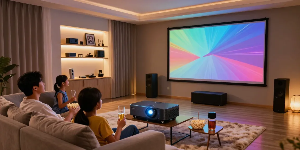 Best projector 2026 displayed in a modern home theater, family enjoying a movie night together.