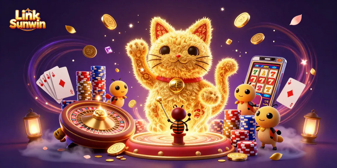 Experience fun and fortune with Link Sunwin's vibrant 3D gambling illustration showcasing lucky symbols and thrilling casino elements.