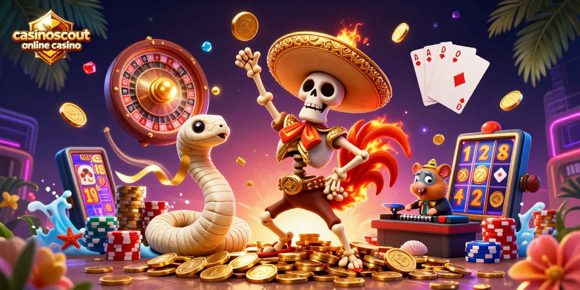 Experience the thrill of casinoscout online casino with a dynamic 3D illustration celebrating winning moments and classic games.