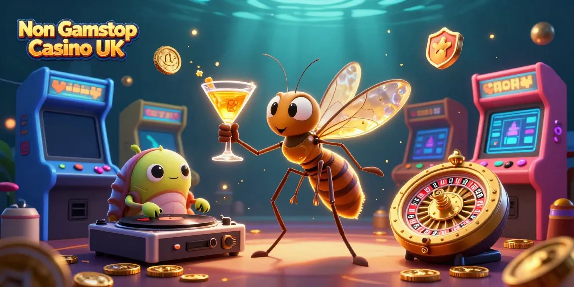 Engage with Non Gamstop Casino UK through a dynamic 3D illustration of casino characters and elements.