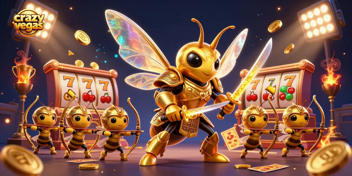 Crazyvegas displays a dynamic scene featuring a golden hornet in samurai armor and bee archers amidst flying slot reels and trophy cups.