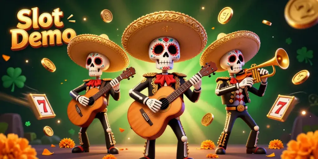 Experience thrilling Slot Demo adventures with colorful skeletons, slot reels, and sparkling gold coins.