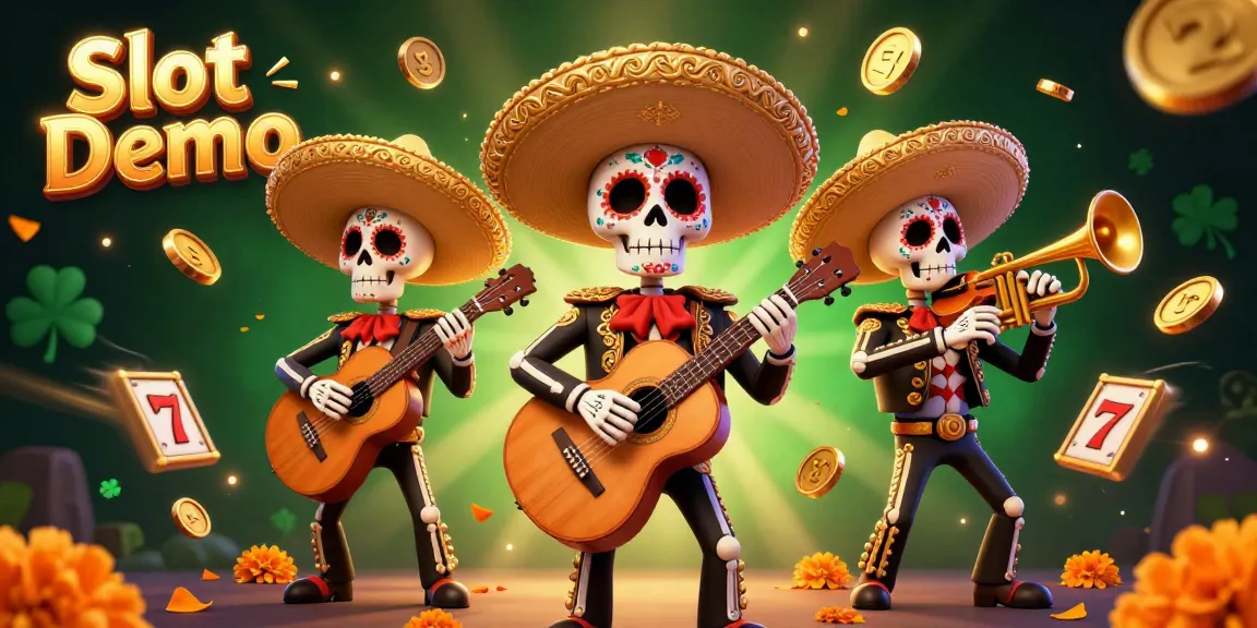Experience thrilling Slot Demo adventures with colorful skeletons, slot reels, and sparkling gold coins.