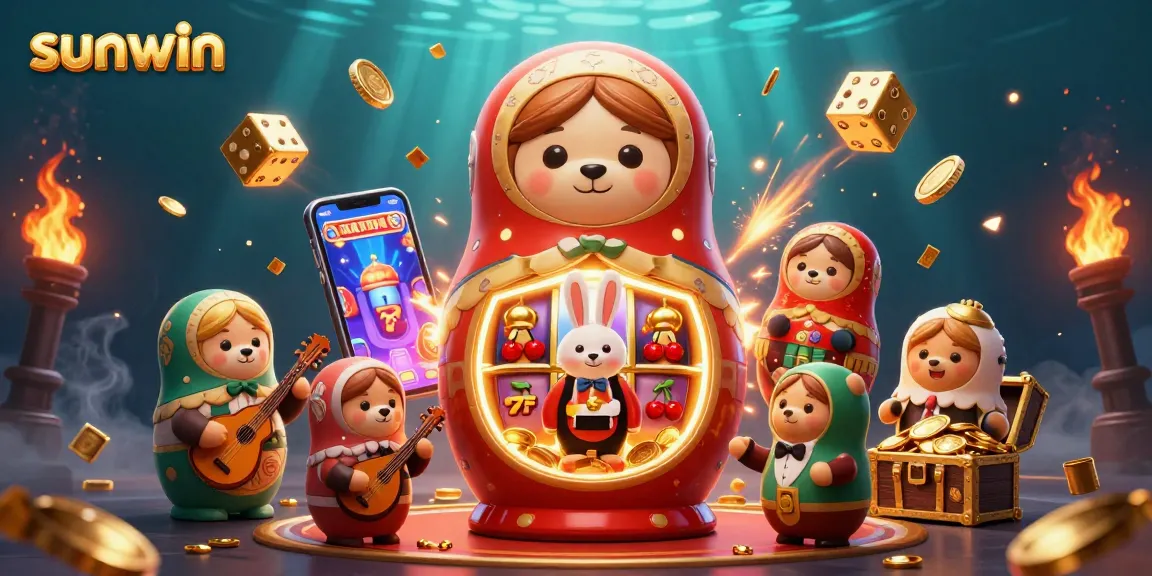 Engage with sunwin's exciting casino games as colorful characters celebrate grand jackpots and vibrant casino elements.