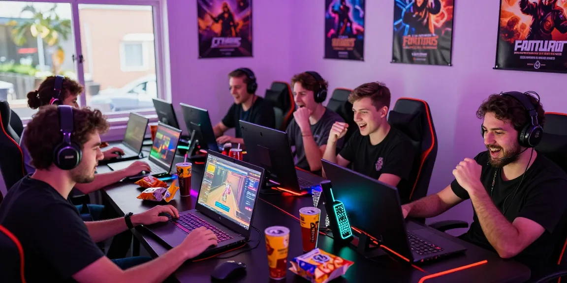 Group of gamers enjoying engaging html porn games in a lively gaming room