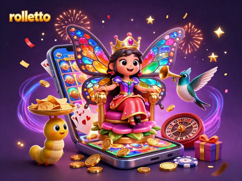 Engage with rolletto's vibrant gaming scene featuring a butterfly queen and exciting casino elements.