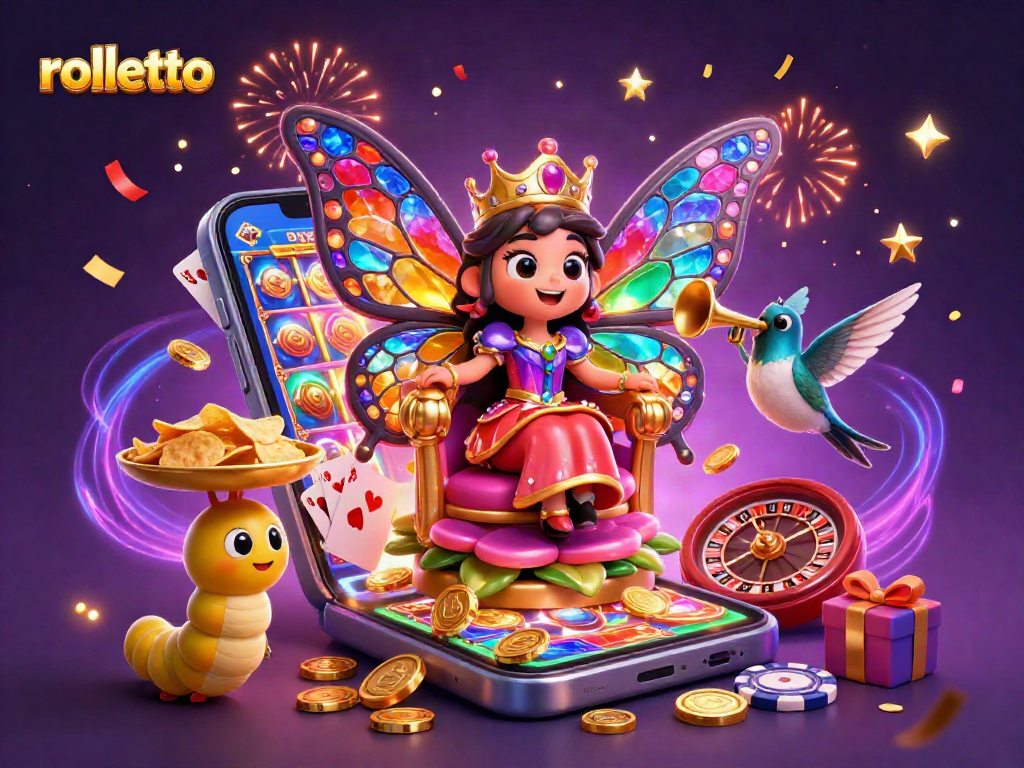 Engage with rolletto's vibrant gaming scene featuring a butterfly queen and exciting casino elements.