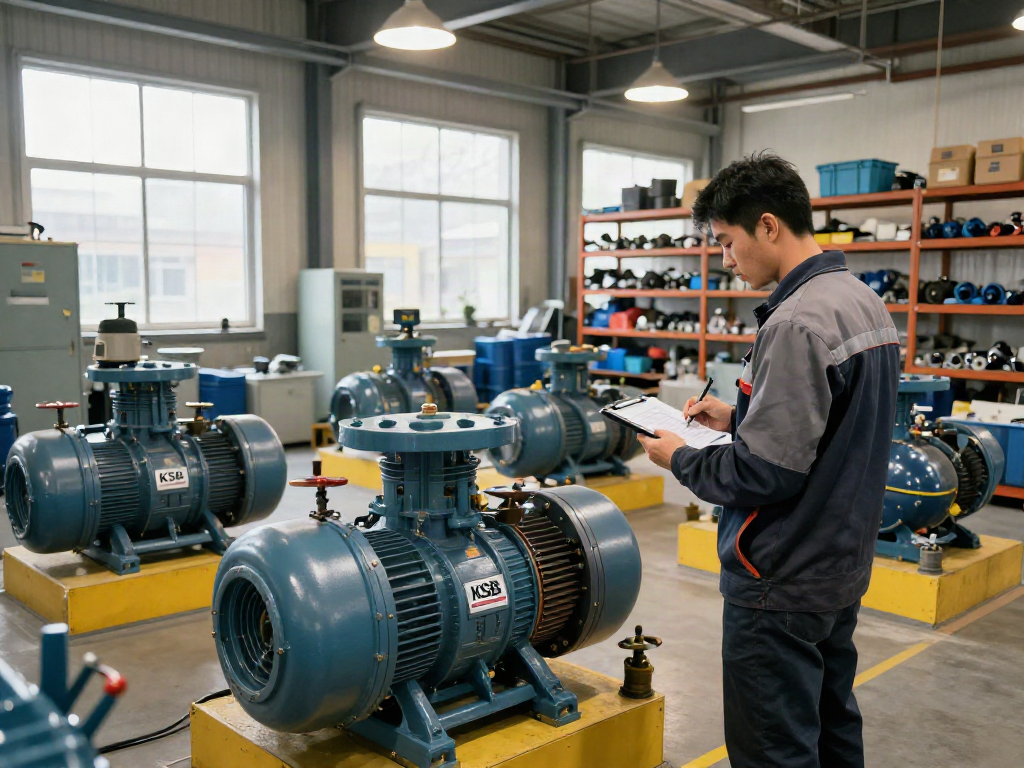 Inspección de Bombas KSB Venezuela en un taller industrial con técnicos revisando equipos y especificaciones.