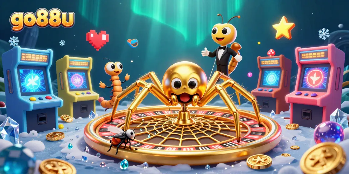 Experience the excitement at go88u with a dynamic 3D illustration featuring a roulette wheel web and animated characters.