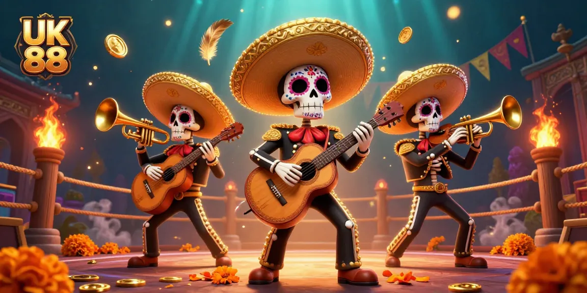 Engage with the lively UK 88 skeleton mariachi band amidst a vibrant casino scene filled with gaming elements.