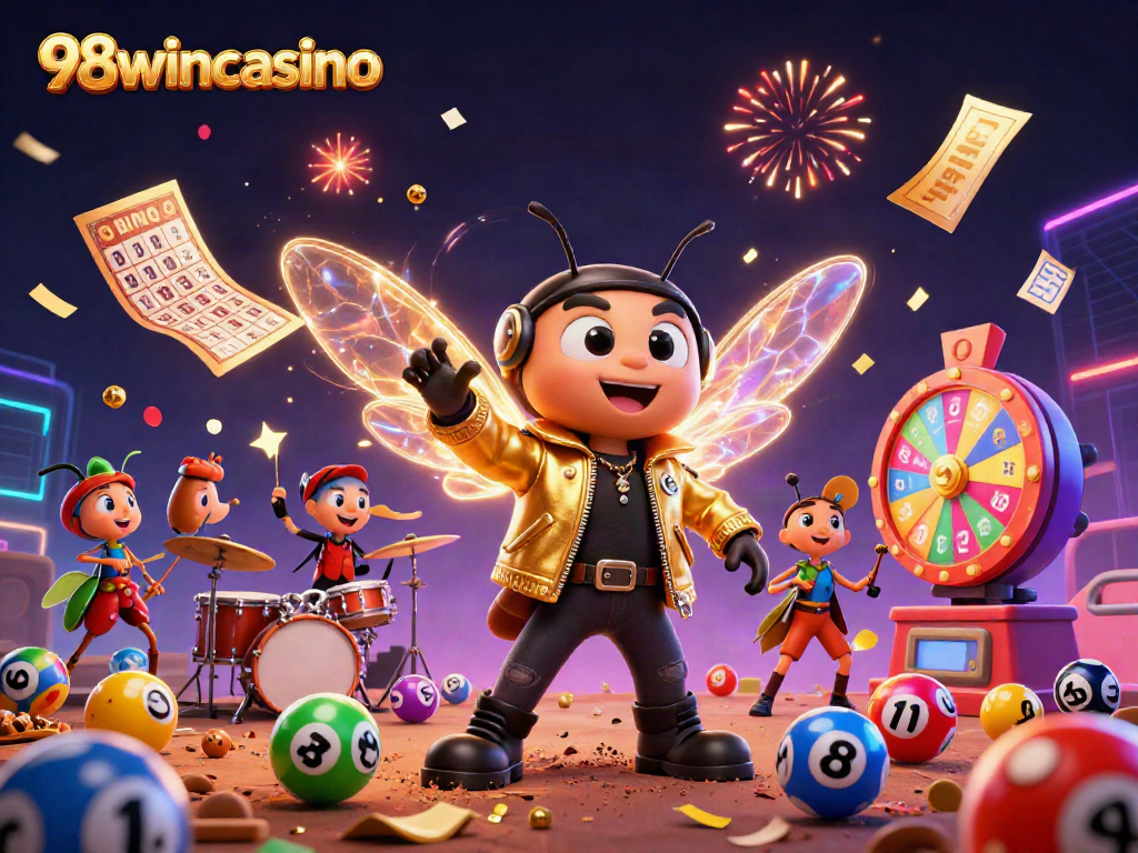 Engage with 98wincasino's energetic lottery celebration featuring vibrant characters and dynamic game elements.