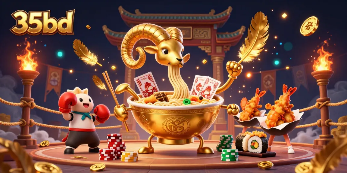 35bd demonstrates lively action with a giant golden ramen bowl dealing cards and stacking chips in an energetic casino scene.
